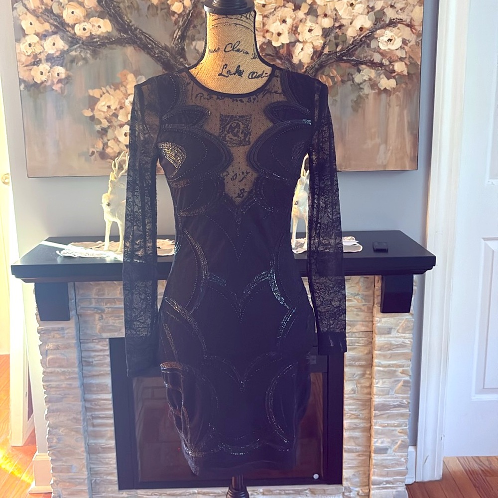 EXPRESS Holiday Black Lace Sequin long sleeve club mini dress New NWOT XS 2